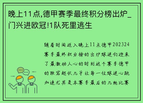 晚上11点,德甲赛季最终积分榜出炉_门兴进欧冠!1队死里逃生