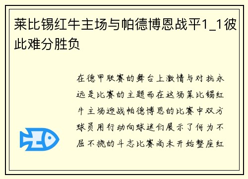 莱比锡红牛主场与帕德博恩战平1_1彼此难分胜负