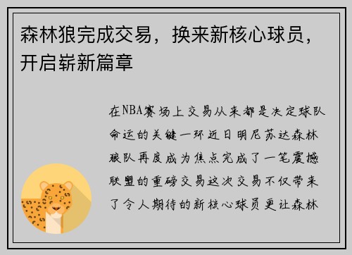 森林狼完成交易，换来新核心球员，开启崭新篇章