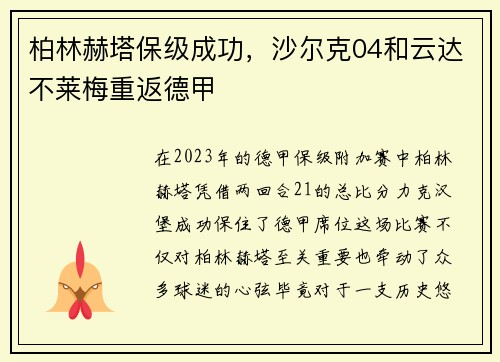 柏林赫塔保级成功，沙尔克04和云达不莱梅重返德甲