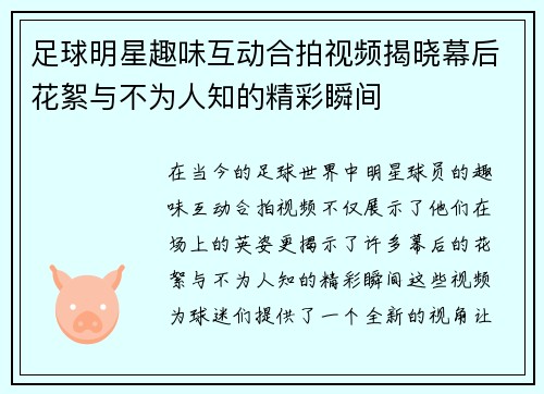 足球明星趣味互动合拍视频揭晓幕后花絮与不为人知的精彩瞬间