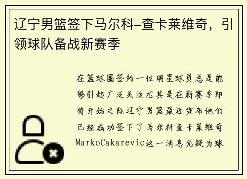辽宁男篮签下马尔科-查卡莱维奇，引领球队备战新赛季