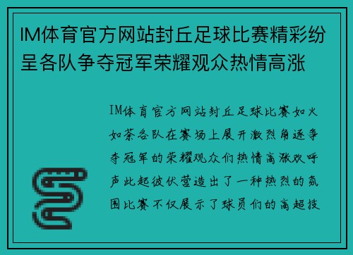 IM体育官方网站封丘足球比赛精彩纷呈各队争夺冠军荣耀观众热情高涨
